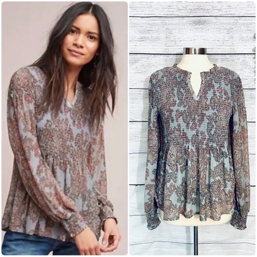 Anthropologie Long Sleeve Top - Blue and Brown
